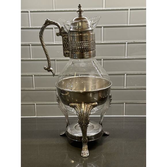 FB Rogers Glass Tea Coffee Pot Corning Carafe with Lid and Metal Warming Stand - Picture 3 of 8